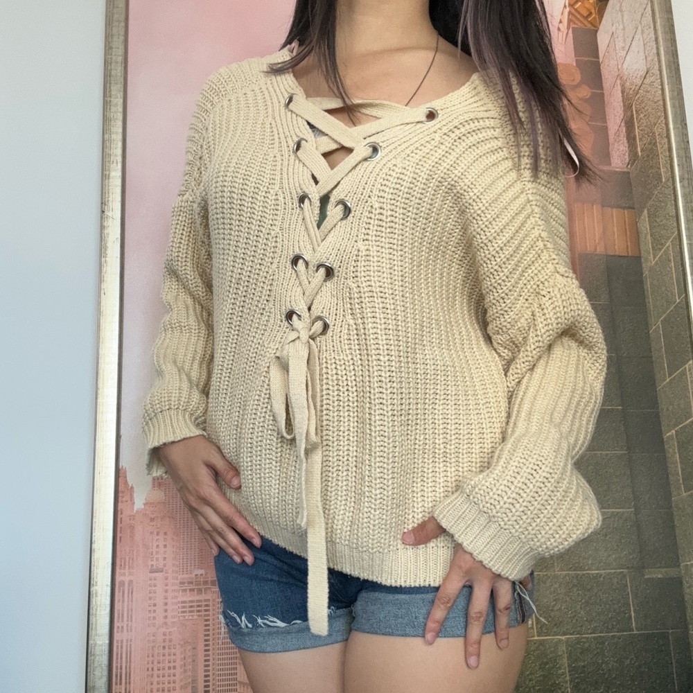 Windsor lace up cream sweater, medium